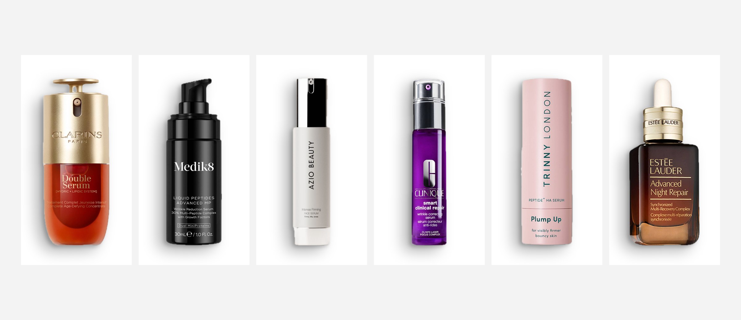 The six ranked serums side by side: Clarins Double Serum, Medik8 Liquid Peptides, Azio Beauty Intense Firming Face Serum, Clinique Smart Clinical Repair, Trinny London Plump Up and Estée Lauder Advanced Night Repair